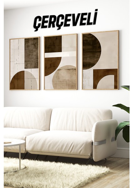 🟤 3’lü Çerçeveli Toprak Tonlarında Geometrik Soyut Tablo Seti🌿 CRV1154 23 x 32