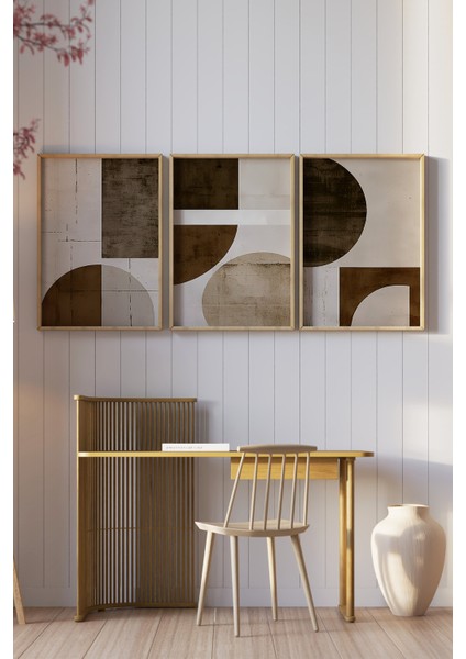🟤 3’lü Çerçeveli Toprak Tonlarında Geometrik Soyut Tablo Seti🌿 CRV1154 23 x 32 fiyatları
