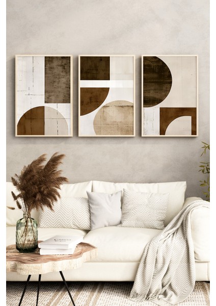 🟤 3’lü Çerçeveli Toprak Tonlarında Geometrik Soyut Tablo Seti🌿 CRV1154 23 x 32 fırsatları