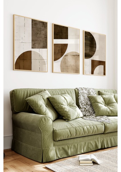 🟤 3’lü Çerçeveli Toprak Tonlarında Geometrik Soyut Tablo Seti🌿 CRV1154 23 x 32 indirimleri