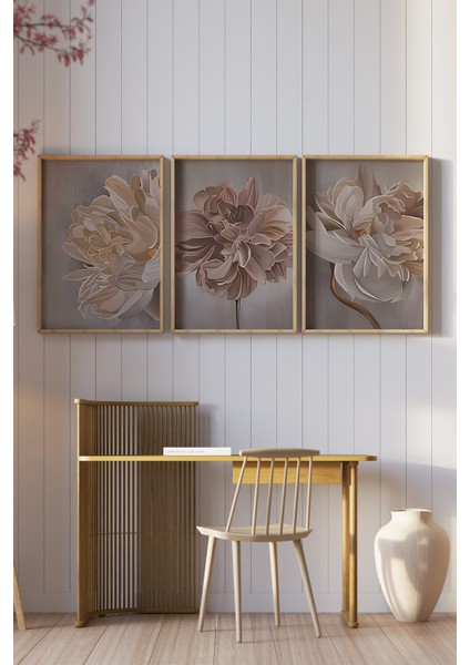🤍 3’lü Çerçeveli Soft Tonlarda Büyük Çiçek Desenli Tablo Seti 🌿 CRV1156 23 x 32 fiyatları