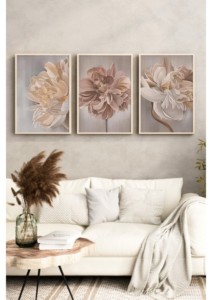 🤍 3’lü Çerçeveli Soft Tonlarda Büyük Çiçek Desenli Tablo Seti 🌿 CRV1156 23 x 32 fırsatları