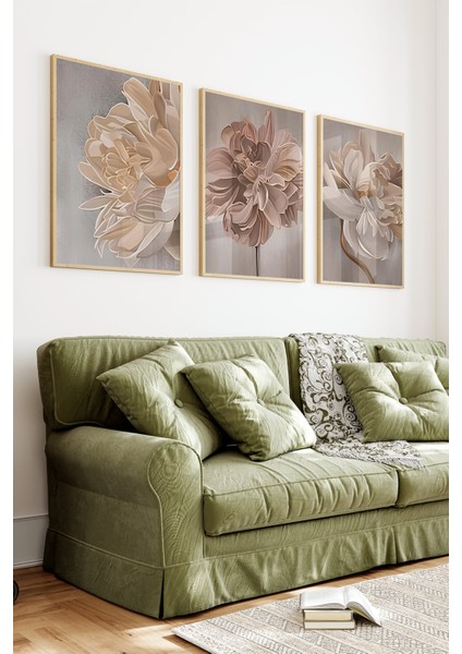 🤍 3’lü Çerçeveli Soft Tonlarda Büyük Çiçek Desenli Tablo Seti 🌿 CRV1156 23 x 32 indirimleri