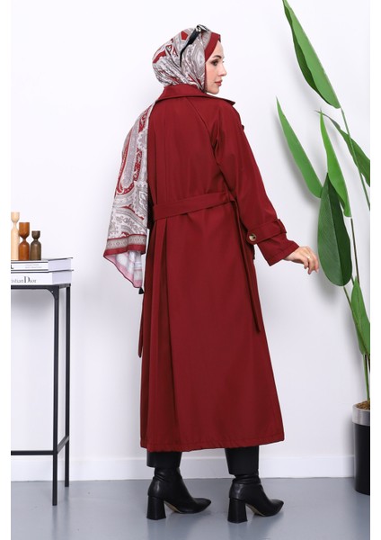 Bordo Kravuze Yaka Kuşaklı Astarlı Trençkot fırsatları