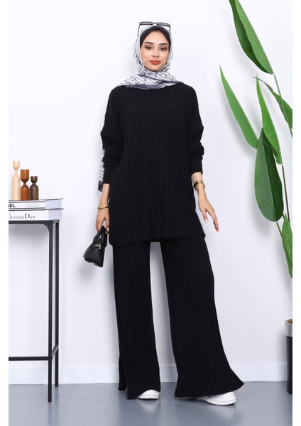 Siyah Fitilli Yumoş Tunik Pantolonlu Triko Takım