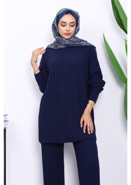 Lacivert Fitilli Yumoş Tunik Pantolonlu Triko Takım modelleri