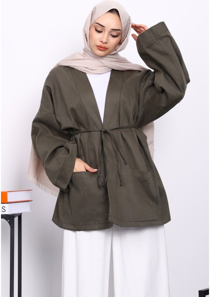 Haki Cepli İp Detaylı Kanvas Ceket