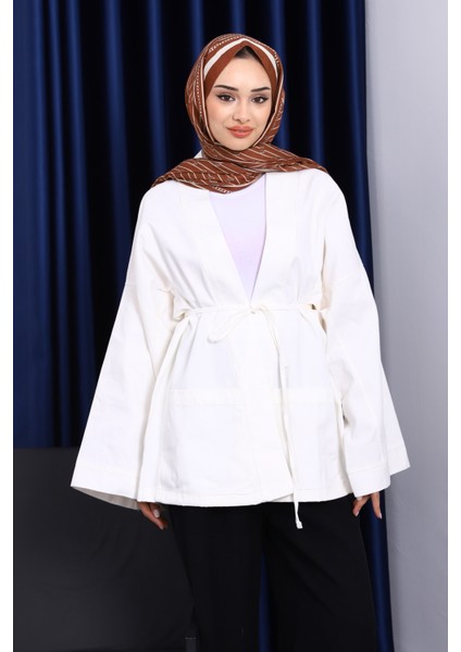 Ekru Cepli İp Detaylı Kanvas Ceket