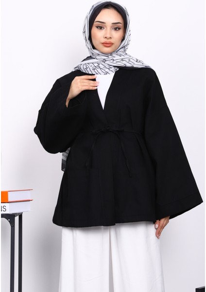 Siyah Cepli İp Detaylı Kanvas Ceket