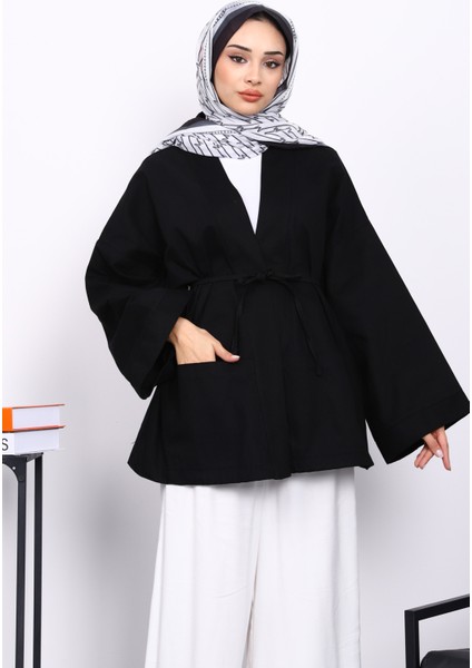 Siyah Cepli İp Detaylı Kanvas Ceket modelleri