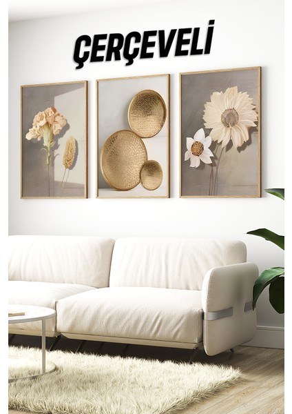 🌻 Gold Detaylı 3’lü Çerçeveli Mdf Tablo Seti 🌿 CRV1140 23 x 32