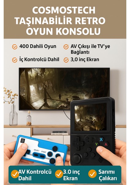 Retro El Konsolu – 400 Oyun, Tv Bağlantılı, 2 Kişilik, 3inç” Ekranlı Taşınabilir Mini Oyun Konsolu Lacivert indirimleri