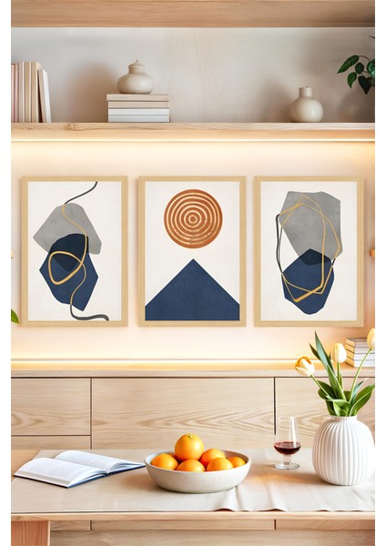 🖼️ Modern Minimal Geometrik Soyut 3'lü Çerçeve Görünümlü Tablo Seti🌟 CRVS1141 13 x 17
