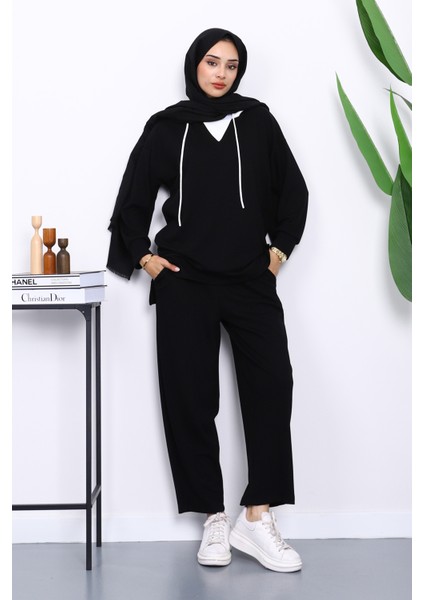 Siyah Kapşonlu Tunik Pantolonlu Takım