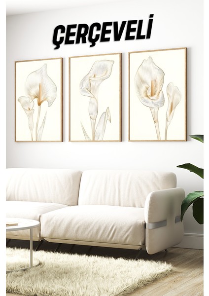 🌼 Ince Çizgili Zambak Temalı 3'lü Çerçeveli Mdf Tablo Seti🌿 CRV1139 23 x 32