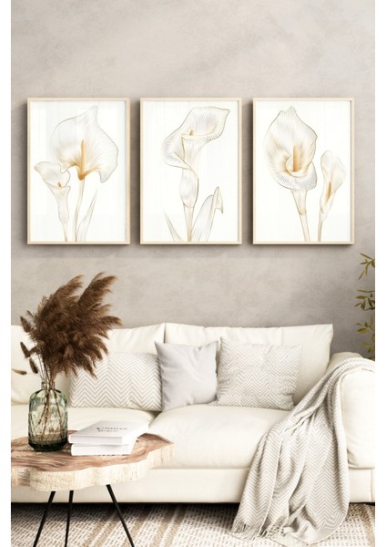 🌼 Ince Çizgili Zambak Temalı 3'lü Çerçeveli Mdf Tablo Seti🌿 CRV1139 23 x 32 fırsatları