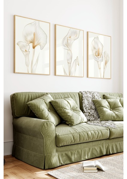 🌼 Ince Çizgili Zambak Temalı 3'lü Çerçeveli Mdf Tablo Seti🌿 CRV1139 23 x 32 indirimleri