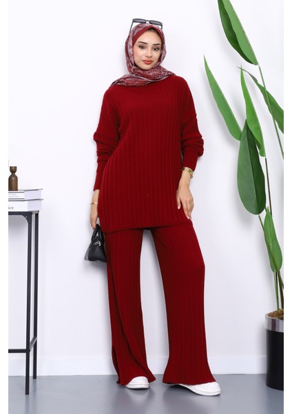 Bordo Fitilli Yumoş Tunik Pantolonlu Triko Takım