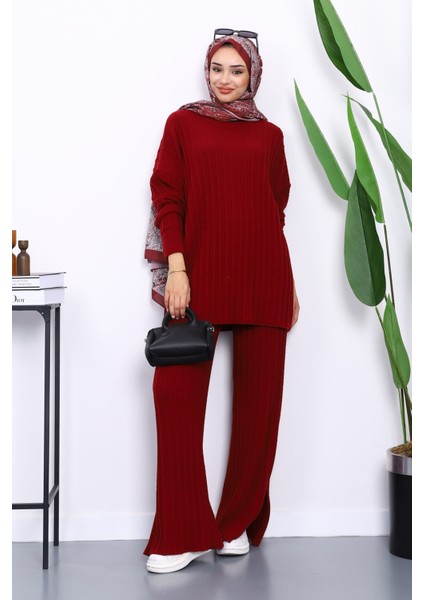 Bordo Fitilli Yumoş Tunik Pantolonlu Triko Takım fiyatları