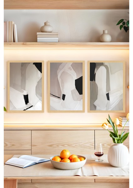 🖼️ Modern Soyut Minimalist Tablo Seti – 3’lü Çerçeve Görünümlü Duvar Dekoru🌟 CRVS1144 13 x 17