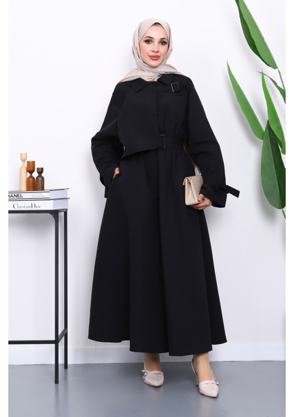 Siyah Bel Lastikli Kemerli Trenç Elbise