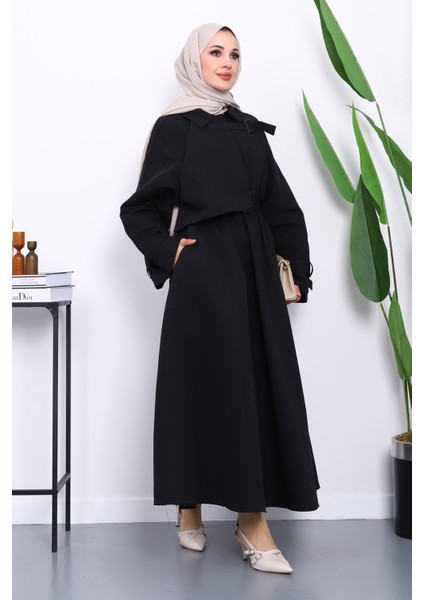 Siyah Bel Lastikli Kemerli Trenç Elbise fiyatları