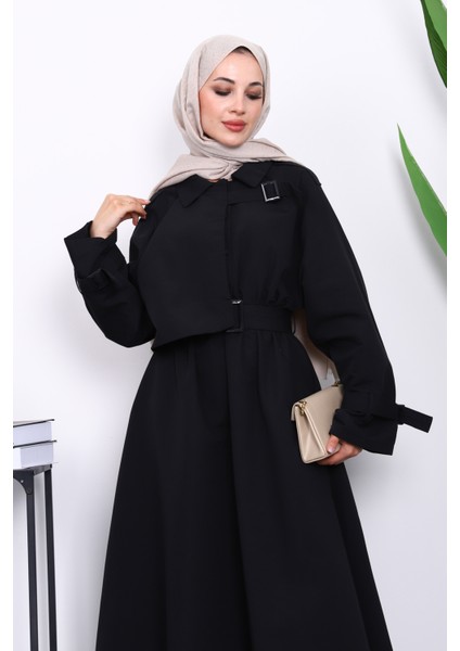 Siyah Bel Lastikli Kemerli Trenç Elbise modelleri