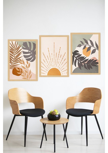 🍊 Çerçeve Görünümlü 3'lü Tablo Seti – Turuncu Güneş, Tropikal Yapraklar ve Soyut Bitki🌟 CRVS1138 13 x 17 modelleri