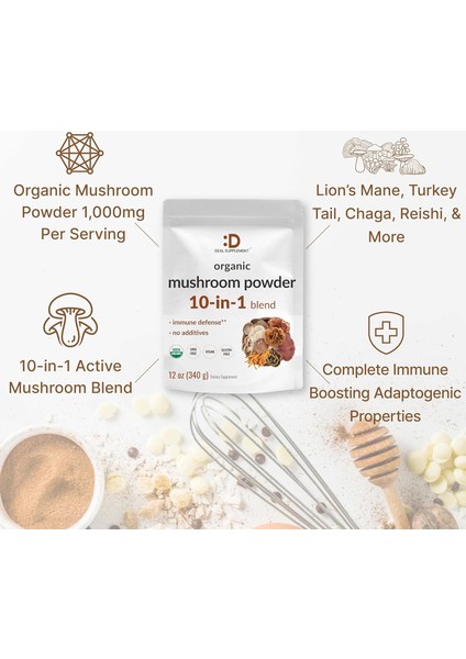 Organic Mushroom Powder Shiitake Lions Mane Cordyceps Chaga More Immune Energy Brain Health fiyatları