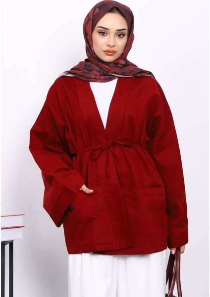 Bordo Cepli İp Detaylı Kanvas Ceket