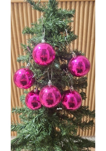 Yılbaşı Ağacı Süsü 6 cm Cici Pembe Fuşya Küre Top Süs Parlak Süs Büyük Küre 6lı Renk