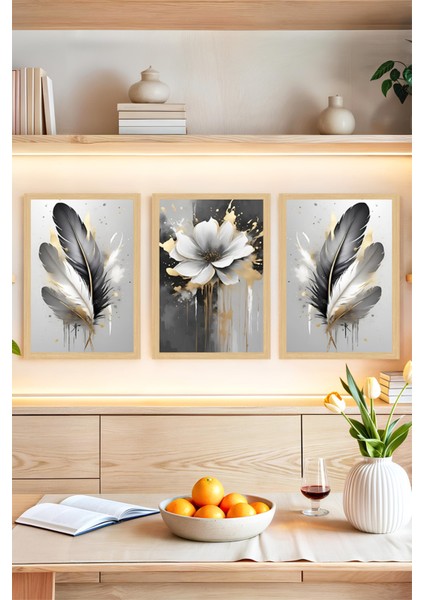 ✨ Altın Detaylı Çiçek ve Tüy Desenli 3’lü Çerçeve Görünümlü Tablo Seti🌟 CRVS1143 13 x 17