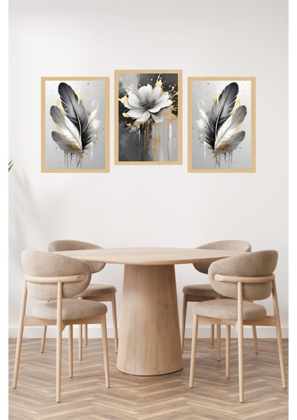 ✨ Altın Detaylı Çiçek ve Tüy Desenli 3’lü Çerçeve Görünümlü Tablo Seti🌟 CRVS1143 13 x 17 fiyatları