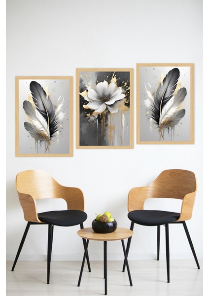 ✨ Altın Detaylı Çiçek ve Tüy Desenli 3’lü Çerçeve Görünümlü Tablo Seti🌟 CRVS1143 13 x 17 modelleri