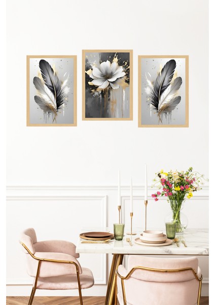✨ Altın Detaylı Çiçek ve Tüy Desenli 3’lü Çerçeve Görünümlü Tablo Seti🌟 CRVS1143 13 x 17 fırsatları