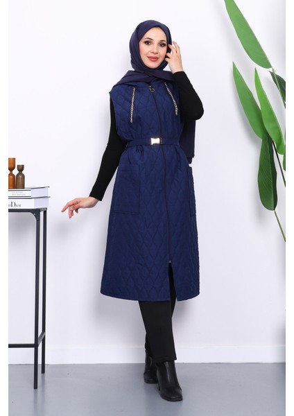 Lacivert Kapüşonlu Kemerli Kapitone Yelek fiyatları