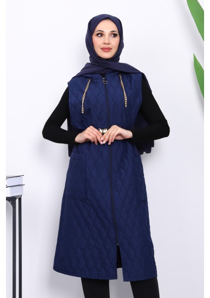 Lacivert Kapüşonlu Kemerli Kapitone Yelek modelleri