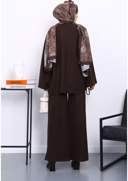 Kahverengi Büzgü Detaylı Fitilli Tunik Pantolonlu Takım modelleri