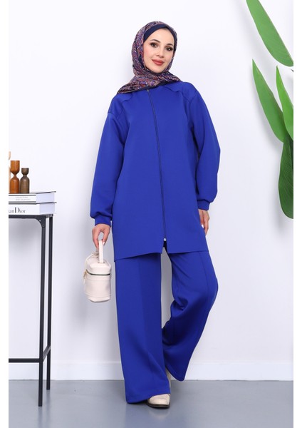 Saks Mavi Fermuarlı Tunik Pantolonlu Takım