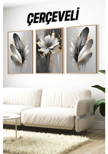 🖼️ Siyah Gri Altın Detaylı Tüy ve Çiçek Temalı 3'lü Ahşap Çerçeveli Mdf Tablo Seti🌿 CRV1143 23 x 32