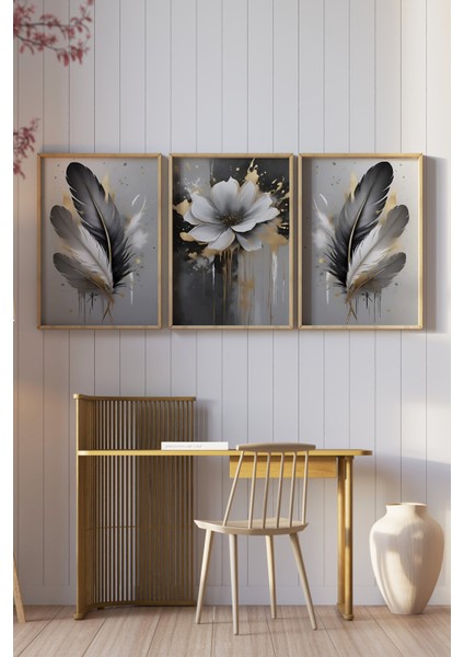 🖼️ Siyah Gri Altın Detaylı Tüy ve Çiçek Temalı 3'lü Ahşap Çerçeveli Mdf Tablo Seti🌿 CRV1143 23 x 32 fiyatları