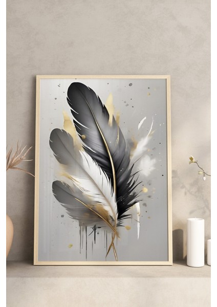 🖼️ Siyah Gri Altın Detaylı Tüy ve Çiçek Temalı 3'lü Ahşap Çerçeveli Mdf Tablo Seti🌿 CRV1143 23 x 32 modelleri