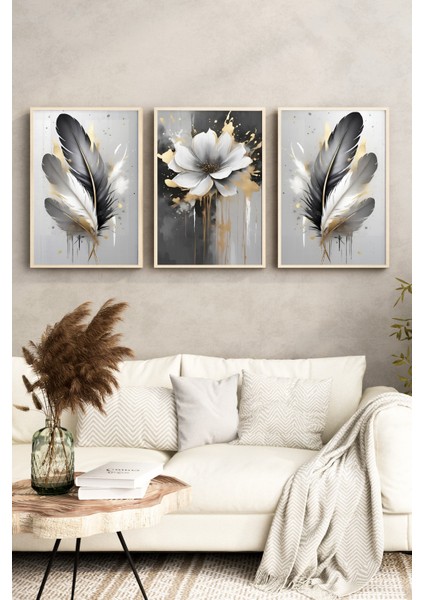 🖼️ Siyah Gri Altın Detaylı Tüy ve Çiçek Temalı 3'lü Ahşap Çerçeveli Mdf Tablo Seti🌿 CRV1143 23 x 32 fırsatları