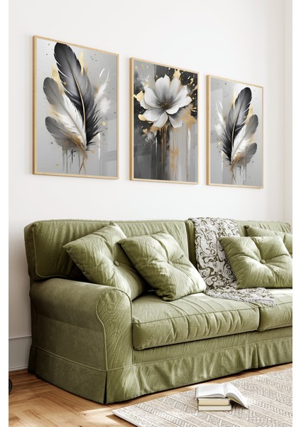 🖼️ Siyah Gri Altın Detaylı Tüy ve Çiçek Temalı 3'lü Ahşap Çerçeveli Mdf Tablo Seti🌿 CRV1143 23 x 32 indirimleri