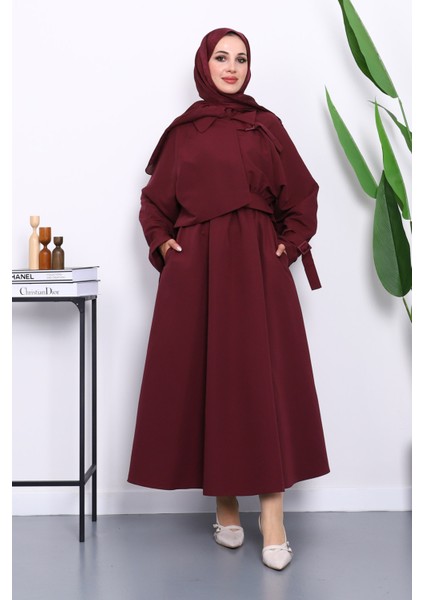 Mürdüm Bel Lastikli Kemerli Trenç Elbise