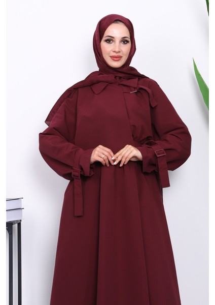 Mürdüm Bel Lastikli Kemerli Trenç Elbise modelleri