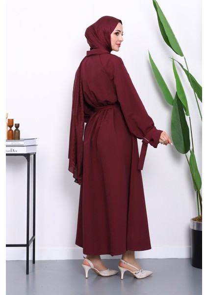 Mürdüm Bel Lastikli Kemerli Trenç Elbise fırsatları