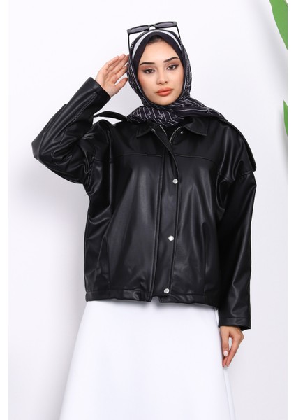 Siyah Omuz Apoletli Deri Ceket