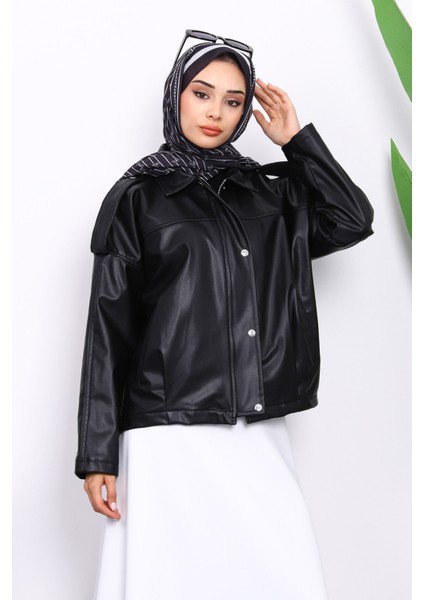 Siyah Omuz Apoletli Deri Ceket modelleri