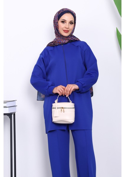 Saks Mavi Fermuarlı Tunik Pantolonlu Takım modelleri